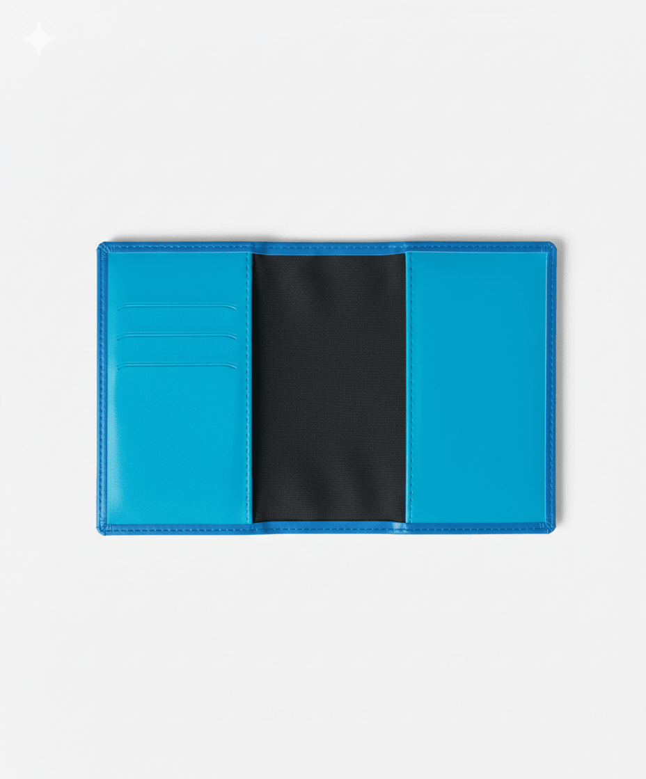 Vue intérieure du protège passeport personnalisable Stampy couleur bleu azur. Gros plan sur les 3 encoches de rangement pratiques pour cartes bancaires et documents de voyage.