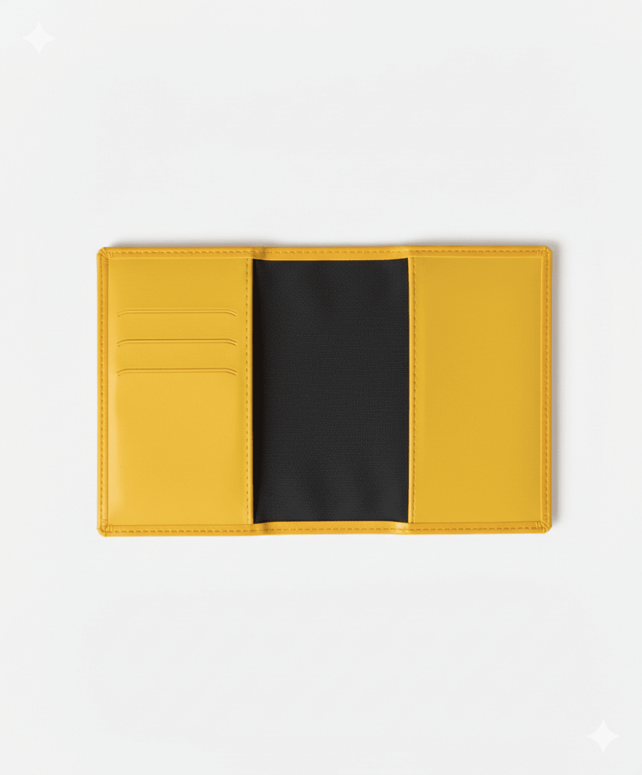 Vue intérieure du protège passeport personnalisable Stampy couleur Jaune Safran. Gros plan sur les 3 encoches de rangement pratiques pour cartes bancaires et documents de voyage.