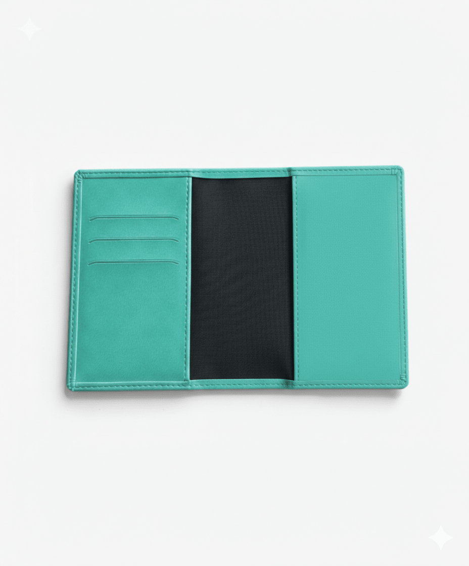 Vue intérieure du protège passeport personnalisable Stampy couleur bleu poudré. Gros plan sur les 3 encoches de rangement pratiques pour cartes bancaires et documents de voyage.
