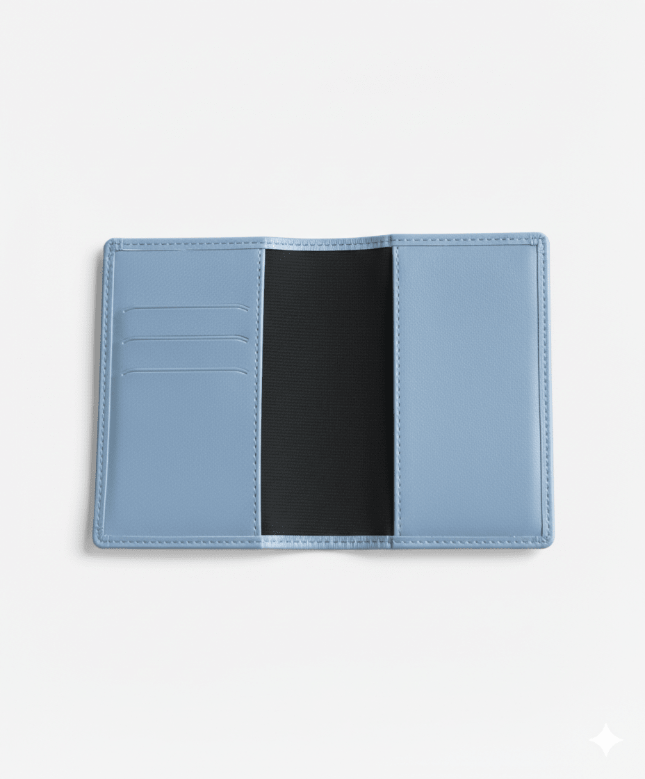 Vue intérieure du protège passeport personnalisable Stampy couleur bleu poudré. Gros plan sur les 3 encoches de rangement pratiques pour cartes bancaires et documents de voyage.