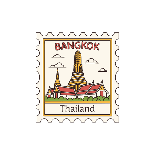 Autocollant de voyage Bangkok thaïlande avec illustration de temples dorés. Sticker conçu pour personnaliser un protège-passeport Stampy ou une valise cabine.
