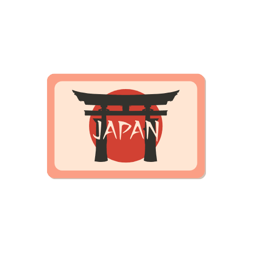 Autocollant de voyage Japon circulaire illustrant un torii rouge traditionnel et un soleil levant. Sticker conçu pour personnaliser un protège-passeport Stampy ou une valise cabine.