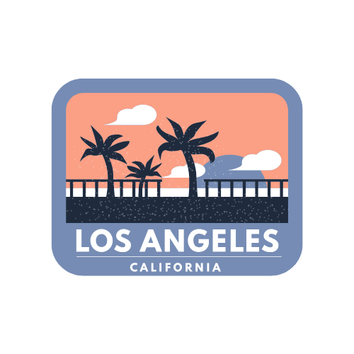 Sticker de voyage Los Angeles illustrant des palmiers et un coucher de soleil californien. Autocollant coloré conçu pour personnaliser un protège-passeport Stampy ou une valise cabine.