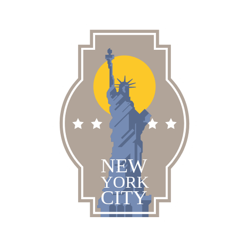 Autocollant de voyage New York avec la Statue de la Liberté sur fond de soleil jaune. Sticker conçu pour personnaliser un protège-passeport Stampy ou une valise cabine.