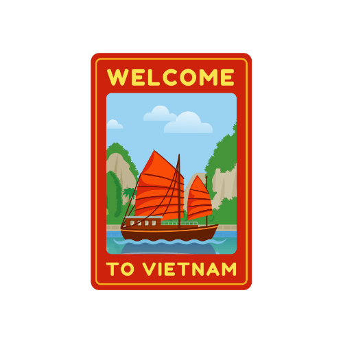 Sticker de voyage Vietnam rond illustrant une jonque traditionnelle aux voiles rouges sur la baie d'Along. Autocollant conçu pour personnaliser un protège-passeport Stampy ou une valise cabine.